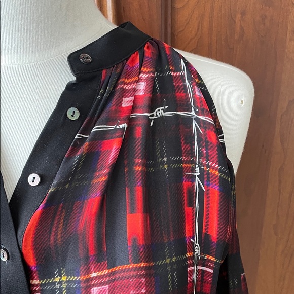 Nicole Miller Red and Black Plaid Cold Shoulder Blouse - Picture 2 of 10